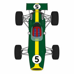 Fototapeta premium Top view of a vintage green and yellow racing car, number 5, with exposed engine, large rear spoiler, and racing seat. Isolated on white background. Classic Formula 1 automotive.