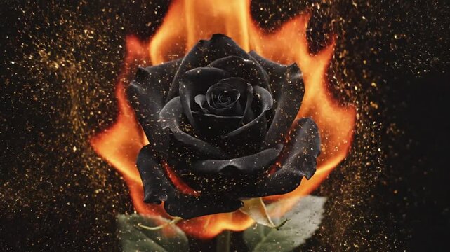 Black rose burning in fire with golden sparks