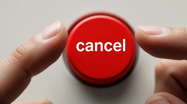 Close up of human fingers about to press large red button with cancel text. Hand gesture shows decision to stop process abort task. Minimalist macro view of tactile control interface on plain