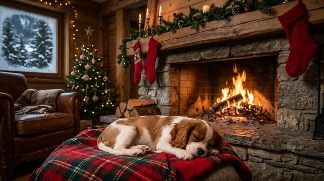 Small cavalier king charles spaniel puppy sleeping peacefully on a red plaid blanket near a roaring fireplace.