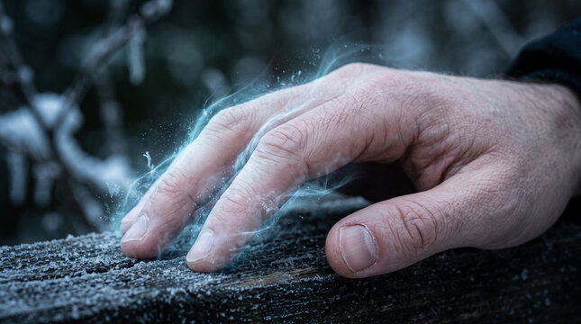 Human hand emits cold blue mist over frozen wooden surface.