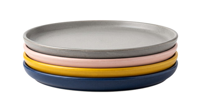 Stack of colorful ceramic plates isolated on white