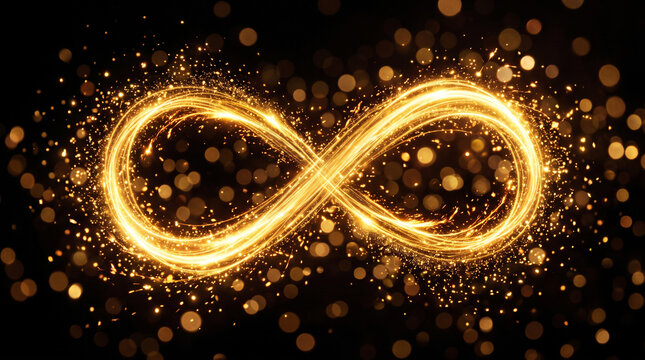 Golden infinity symbol made of glowing light trails and sparkling particles on a black background