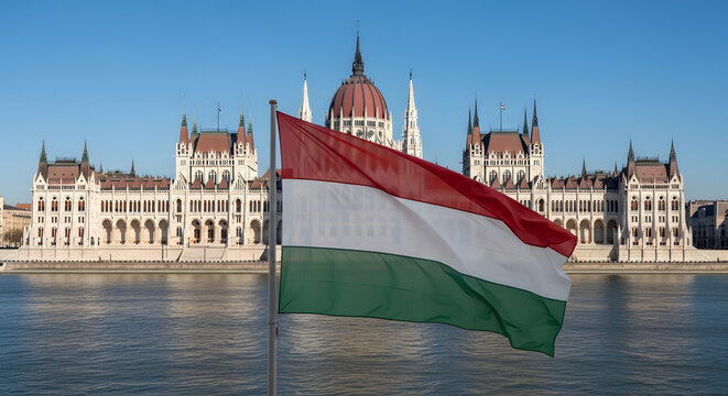 Hungarian flag waving in front of historic architecture on a sunny day