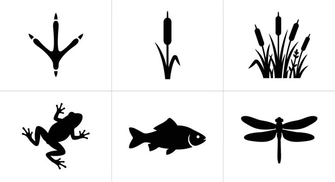 Wetland Wildlife Silhouette Icons Set with Frog Fish Dragonfly Reeds Collection