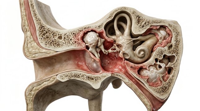 Medical Illustration of Pathological Ear Condition Showing Abnormal Growth and Bone Erosion within the Temporal Bone and Middle Ear Cavity