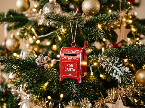 Red letters for santa mailbox ornament hanging on decorated christmas tree with warm holiday lights.