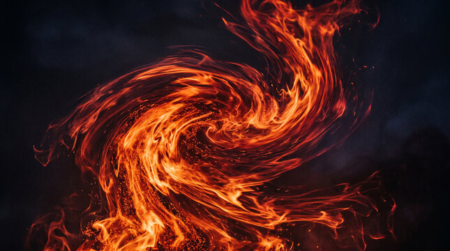 Abstract swirling fire vortex with glowing embers and flames against a dark background