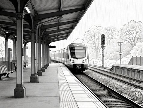 Monochrome line art train arrives at station platform during rainfall. Empty benches await passengers under shelter. Tracks lead towards distant station.