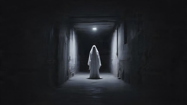 A spooky ghost in a white dress standing in a dark hallway.