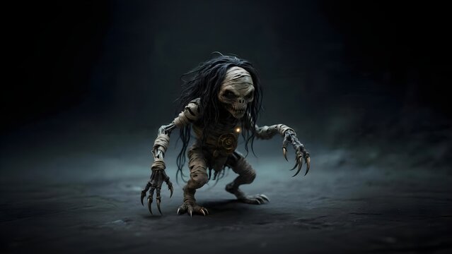 A terrifying mythical goblin creature standing in a dark atmospheric environment.