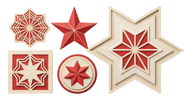 A collection of five intricate layered paper craft ornaments featuring geometric star and decorative shapes in vibrant red and neutral wood-textured tones against black background.