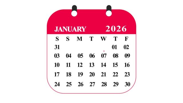 January 2026 calendar with red and white color scheme