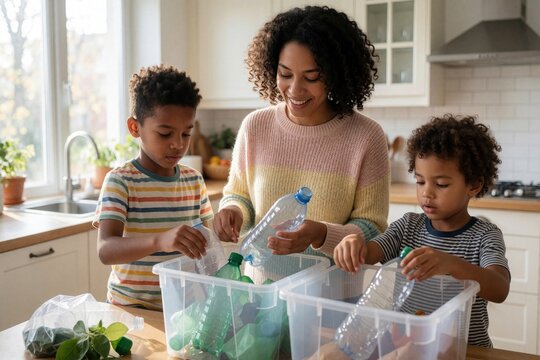 Mother and kids sort plastic bottles into recycling bins in a bright kitchen. Family learns eco habit together. Responsible waste management at home.