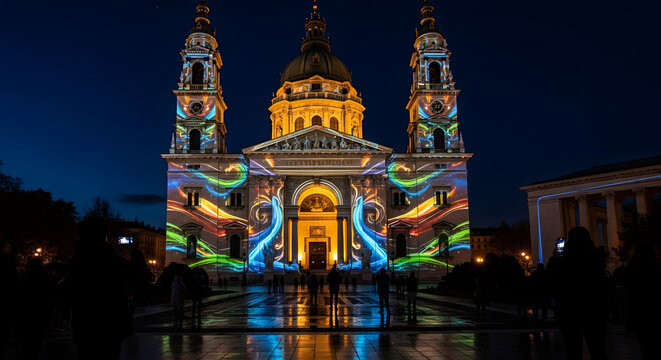 Illuminated architecture displaying artistic light projections at night