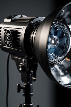 Professional strobe light with cooling fan and reflector sits on tripod mount. Studio equipment provides powerful flash for photography and video production. Modern gear for creators.