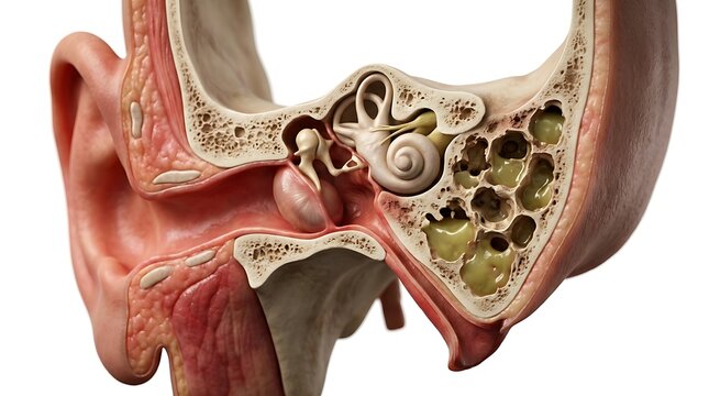 Anatomical 3D medical illustration of the human ear cross-section showing the external canal, middle ear ossicles, inner ear cochlea, and infected mastoid process with green purulent discharge