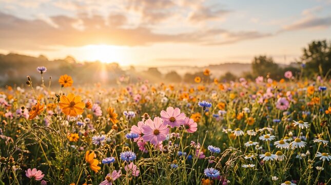 meadow flowers in early sunny fresh morning Vintage autumn landscape background colorful beautiful fall flowers magical : Generative AI