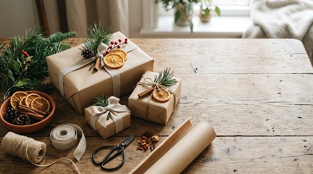 Rustic christmas gift wrapping with brown paper, dried orange slices, pine sprigs, cinnamon sticks, and ribbons on a wooden table.