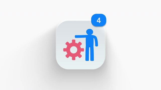 Person presenting gear app icon featuring animated notification badge with counter 1 to 99, dynamic shadow effect, minimalist technical solution concept, on white background. 