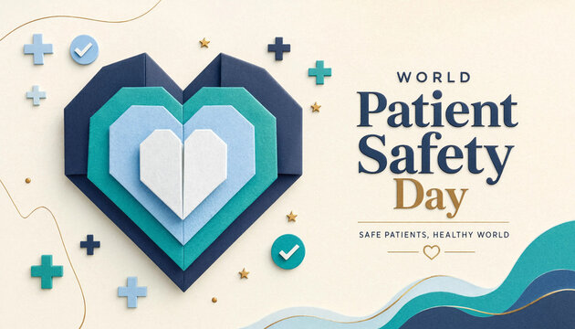 World patient safety day banner with layered heart icon and medical cross symbols, medicine