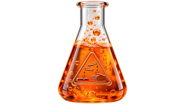 A glass laboratory erlenmeyer flask filled with orange liquid isolated on transparent background
