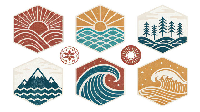 A curated collection of six minimalist hexagonal badges featuring stylized nature scenes including mountains, ocean waves, sunrises, and evergreen forests in a cohesive vintage style.