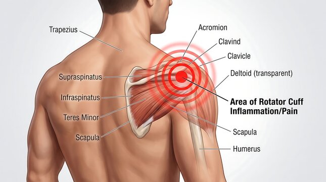 Rotator cuff inflammation diagram, human shoulder pain anatomy with medical labels, muscle injury and joint inflammation illustration