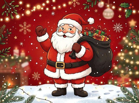 Cartoon santa claus waving and carrying large gift sack on snowy winter background for merry christmas greeting card.