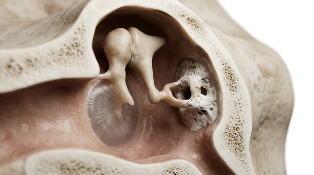 Detailed 3D medical illustration of the middle ear ossicles including the malleus, incus, and stapes with abnormal calcification near the oval window showing a hearing impairment condition