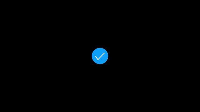 Done symbol with blue tick mark on black background, 4k yes tick icon, approval correct symbol, success symbol blue icon animation with transparent background, 