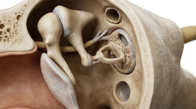 Close-up 3D medical render of the stapes bone and the surrounding temporal bone structure showing abnormal bone thickening and calcification affecting the transmission of sound waves