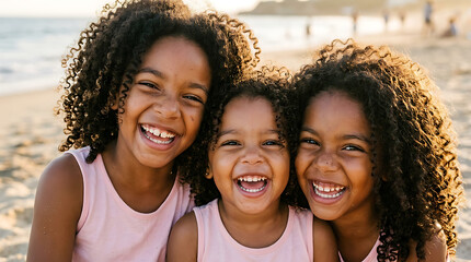 Fototapeta premium Close up portrait of three happy girls with curly hair laughing together
