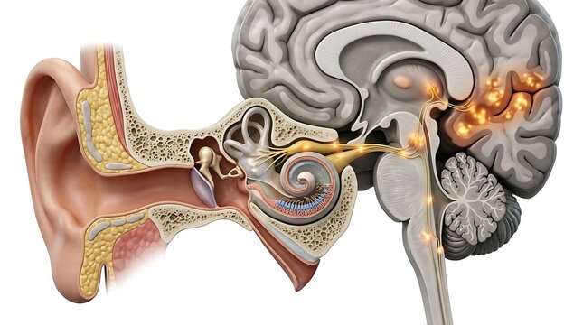 Medical illustration of human ear anatomy and brain showing auditory nerve pathways with orange glowing sparks representing tinnitus or neurological hyperactivity on a white background