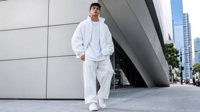 A stylish young man in all-white streetwear confidently walks down a modern city street, his relaxed posture and fashionable attire exuding urban cool.