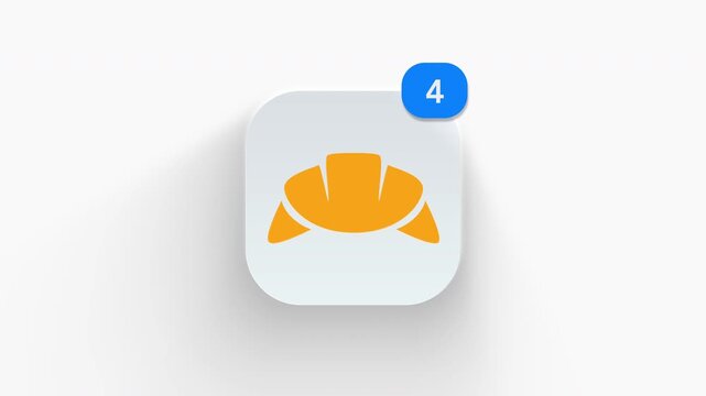 Croissant app icon featuring animated notification badge with counter 1 to 99, dynamic shadow effect, minimalist french pastry bakery breakfast concept, on white background.