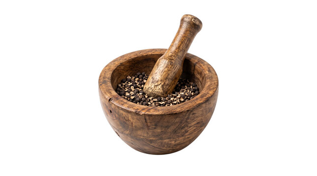 Wooden mortar and pestle with black peppercorns on white