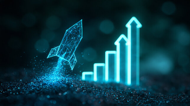A glowing digital rocket launching next to an ascending bar graph. This visual represents innovation and rapid business growth in a technology context.