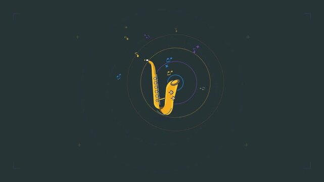 Animated video featuring moving microphones and musical instruments with a music theme.