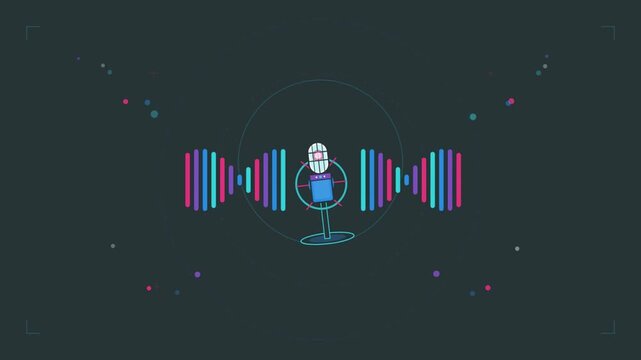 Animated video featuring moving microphones and musical instruments with a music theme.