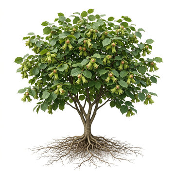 Jefferson Hazelnut tree, mature full tree bearing clusters of hazelnuts surrounded by green husks, exposed visible roots, 11 ratio, isolated on seamless pure white background
