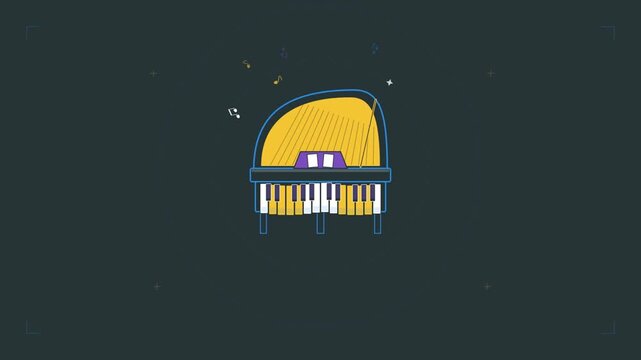 Animated video featuring piano, violin, and moving musical rhythms with a music theme.