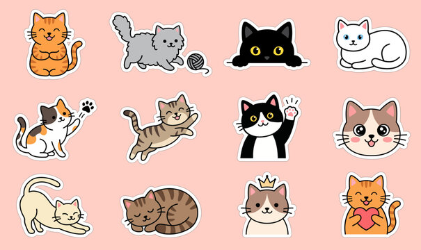 Cute cat stickers collection, kawaii kitten vector illustrations, clipart pack