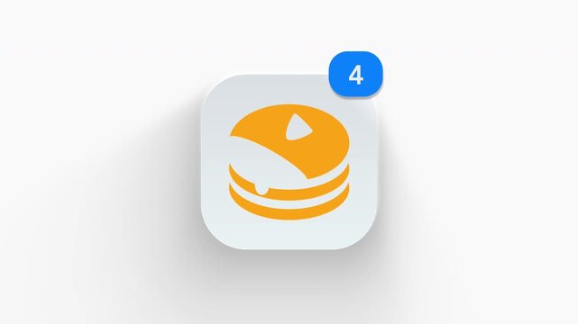 Pancakes with honey app icon featuring animated notification badge with counter 1 to 99, dynamic shadow effect, minimalist syrup butter breakfast stack concept, on white background. 