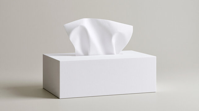 A white tissue box with a single sheet pulled up, isolated on white background. Clean product packaging mockup for household hygiene or health concepts.