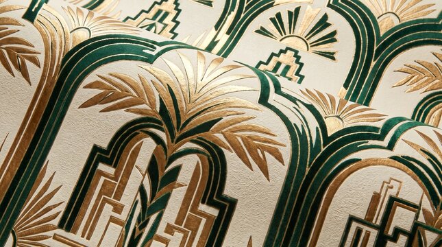 Luxury Art Deco Wallpaper with Gold and Green Palm Tree Pattern Textured Background