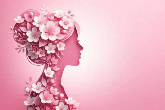 Pink floral silhouette of woman with flowers in hair in profile. Background gradient pink. Woman silhouette filled with light pink flowers. Flowers gradually fade to white from head to chest. Woman