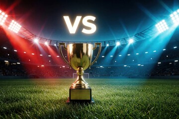 Fototapeta premium Golden trophy sits on green sports field before stadium lights. Versus sign glows above competition cup on grass near arena. Victory awaits winner.