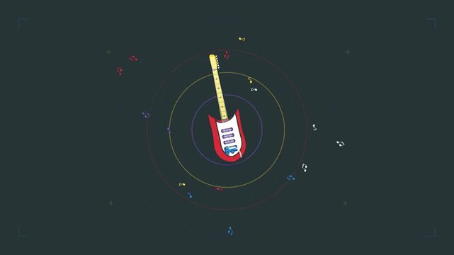 Animated video featuring moving guitars and drums with a music theme.