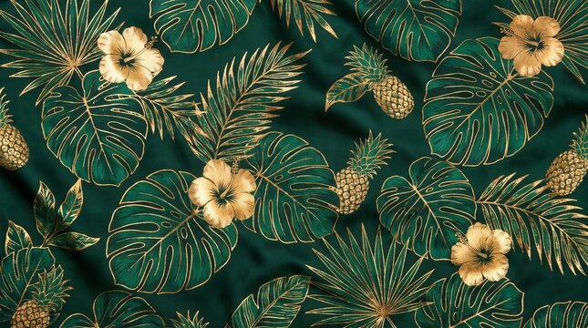 Luxury dark green tropical silk fabric pattern with golden palm leaves monstera and hibiscus flowers